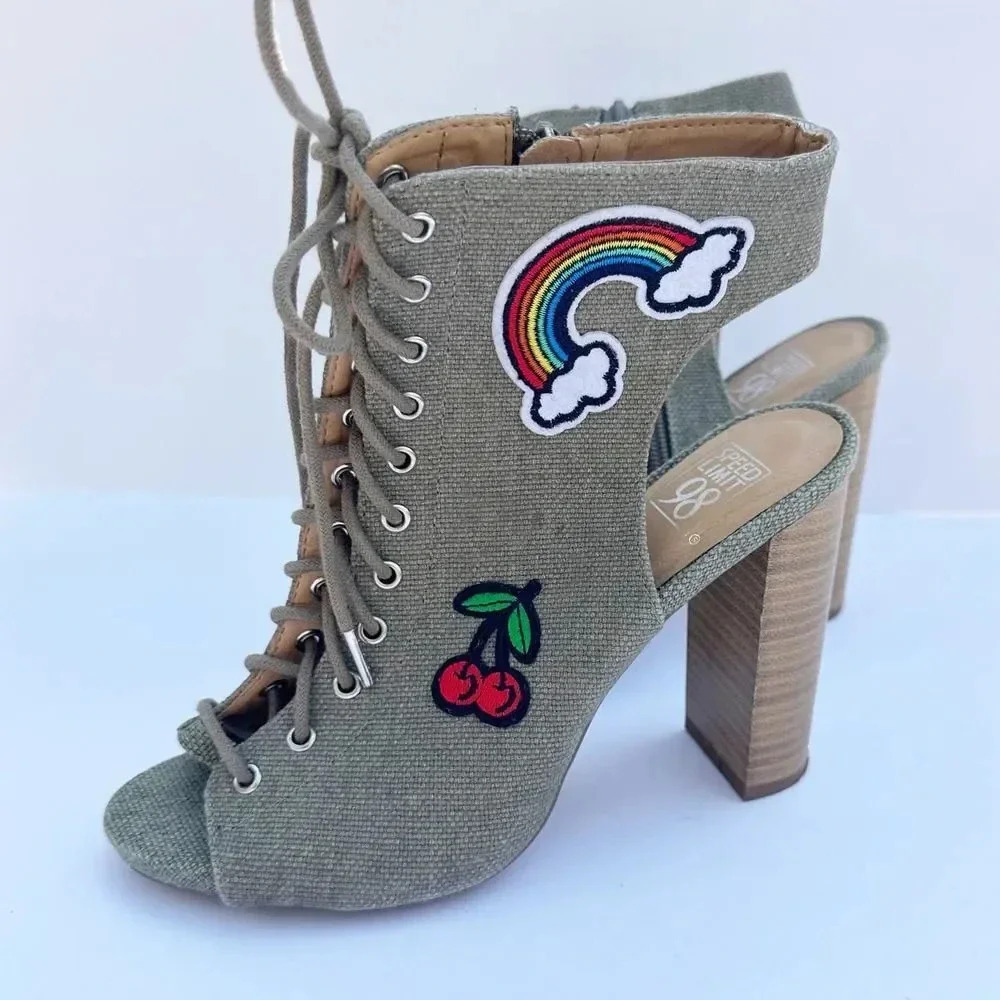 SPEED LIMIT 98 Green Denim‎ Cherry Rainbow Patch Lace Up Heeled Booties